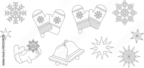 Winter holiday line art mittens bells and snowflakes for coloring or design