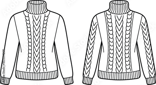 Cable knit turtleneck sweater fashion flat sketch with braided pattern design and ribbed trims, detailed technical drawing for apparel designers and knitwear production