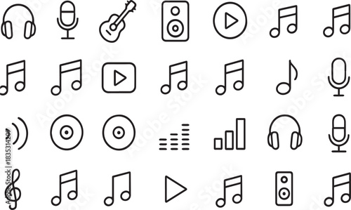 Collection of music icons featuring headphones microphones guitar speakers play buttons music notes cds sound waves and treble clef for use in graphic design projects