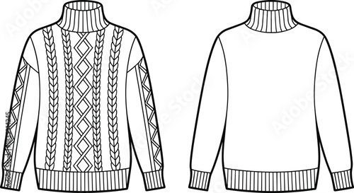 Cable knit turtleneck sweater fashion flat sketch with textured pattern design, detailed technical drawing for apparel designers and winter knitwear production