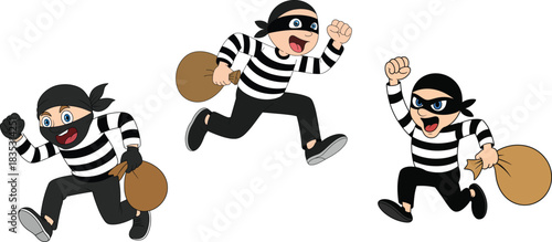 Cartoon thief characters running with money bags, funny burglar illustration set, animated robber figures in action poses for comic and design use