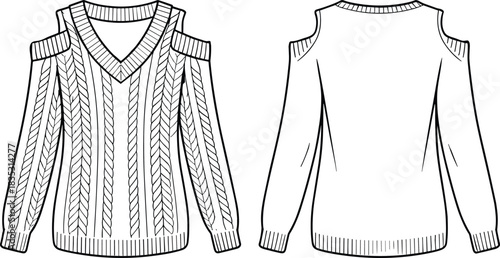 Cold shoulder sweater fashion flat sketch with long sleeves, V-neck knit design, detailed technical drawing for apparel designers and clothing production