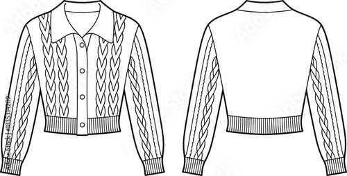 Cropped cable knit cardigan fashion sketch with collar, button front, textured sleeves, ribbed hem design, technical flat drawing illustration for apparel