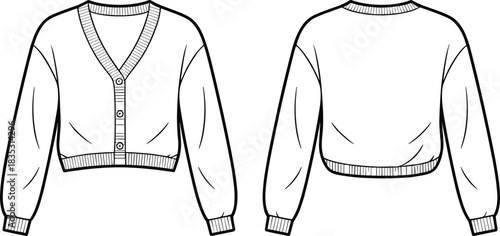 Cropped cardigan sweater fashion flat sketch with V-neck and button front, detailed technical drawing for apparel designers and knitwear production templates