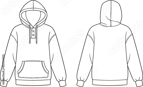 Hooded pullover sweatshirt fashion flat sketch with kangaroo pocket and button placket, detailed technical drawing for apparel designers and garment production