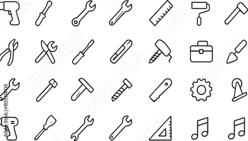 Collection of outline icons representing various tools including wrenches screwdrivers hammers and measuring instruments suitable for construction repair or diy projects and designs.