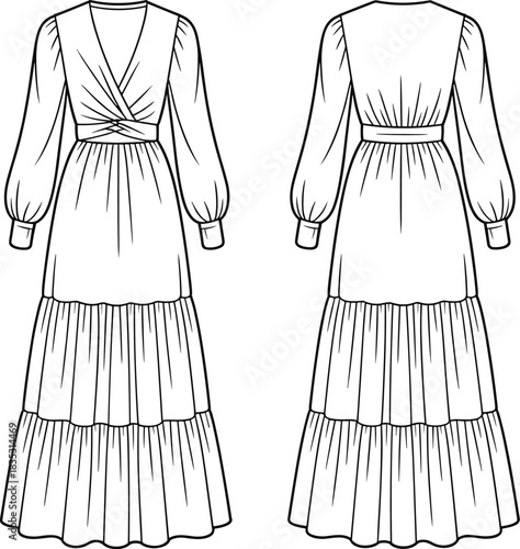 Long sleeve tiered maxi dress fashion flat sketch, elegant women’s wrap dress template with gathered details, front and back technical drawing