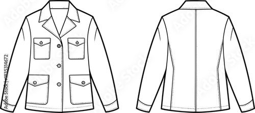 Utility jacket fashion flat sketch with button front and patch pockets, detailed technical drawing for apparel designers and clothing production workflow