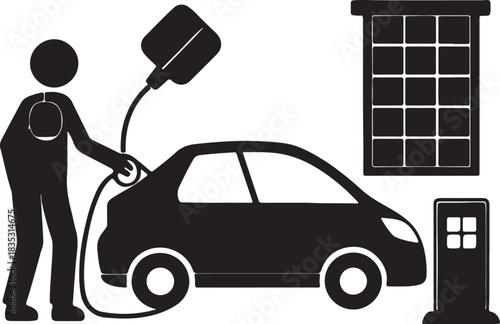 Person charging an electric car beside solar panels, black silhouette vector image