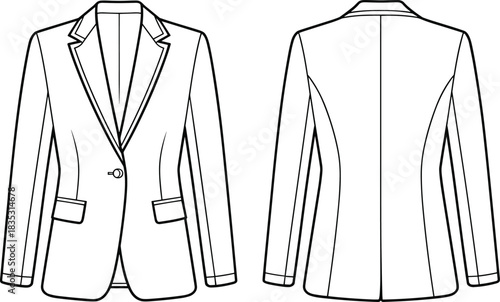 Women’s tailored blazer fashion flat sketch, single-breasted jacket vector template with lapels, pockets, long sleeves, front and back technical drawing