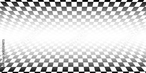 Retro perspective background stage with a black and white checkered floor, featuring vintage chess board style. Fading away vanishing checkerboard texture. Abstract vector illustration pattern surface
