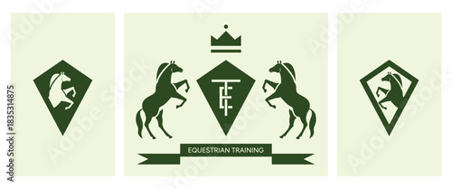 A logo of two horses standing with a shield and crown, E and T letter logo, heraldic style, coat of arms. A modern and minimalist logo.