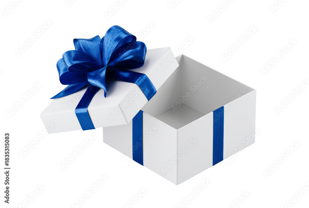 Obraz premium Open Gift: White box with royal blue bow, waiting for a delightful surprise.