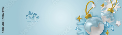 Festive 3D Christmas background with blue ornaments and snowflakes on soft blue, perfect for modern holiday greetings and promotions