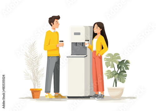 Office colleagues discussing work by the water cooler