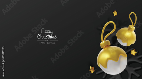 Modern black and gold Christmas design with decorative baubles and snowflakes, great for upscale holiday graphics, social media posts, and advertisements.