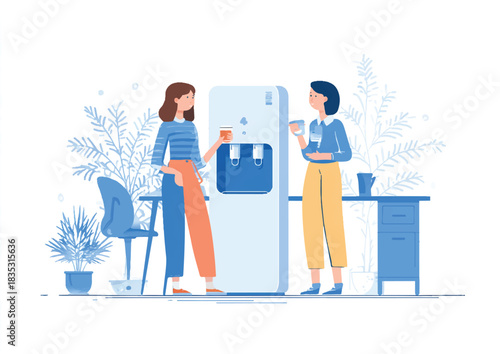 Office workers discussing ideas at the water cooler