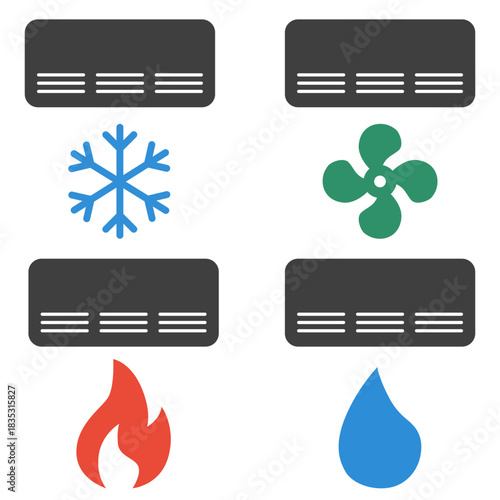 Air conditioning and climate control mode icons. A set of flat air conditioning icons.