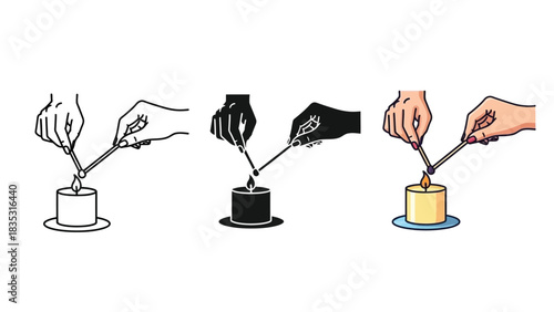 Set of three illustrations showing a hand lighting a candle wick with a matchstick in outline, silhouette and color styles