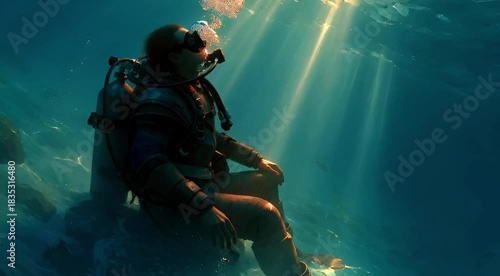 Wallpaper Mural Contemplative scuba diver relaxing on an underwater rock, looking up at the beautiful sunbeams shining through the clear blue water Torontodigital.ca