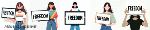 vector of a woman holding a sign that says "Freedom"