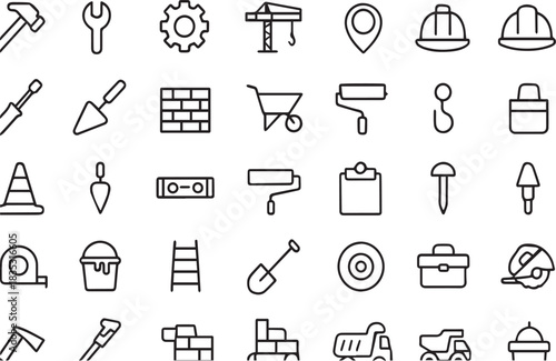 Collection of construction and building icons featuring tools equipment and safety gear for various construction projects and industrial applications presented in a clean line art style