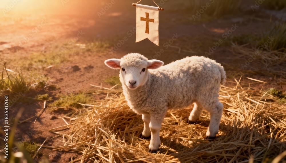 Fototapeta premium Easter lamb with a cross flag, symbolic Christian element, representing resurrection and faith, perfect for Easter, Christian, religious, inspirational, and holiday-themed photography or artwork. 