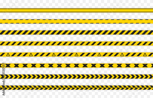 A set of caution yellow tapes with black stripes. Caution tape PNG. Caution barrier tape for marking hazardous areas on a transparent background.