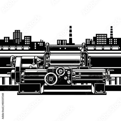 Detailed Illustration of a Lathe Machine with Industrial Backdrop.