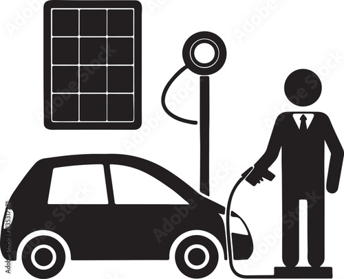 Person charging an electric car beside solar panels, black silhouette vector image