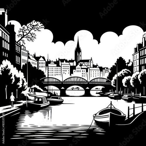 Cityscape with River and Boats in Black and White.