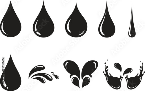 Black and white water drop vector illustration set