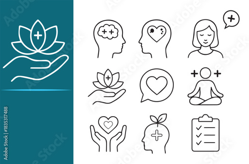 Promote mental health and wellness with editable icons design and art. mindfulness, self-care, emotional support, healing, and balance