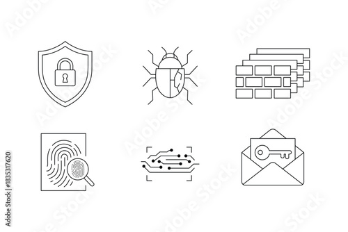 Cybersecurity editable outline stroke icons bundle_ shield, bug, firewall, fingerprint, circuit, key isolated on transparent background