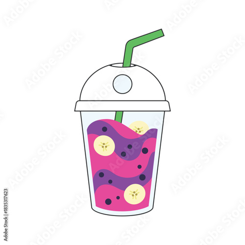 Refreshing banana berry smoothie in a to-go cup with straw isolated on transparent background