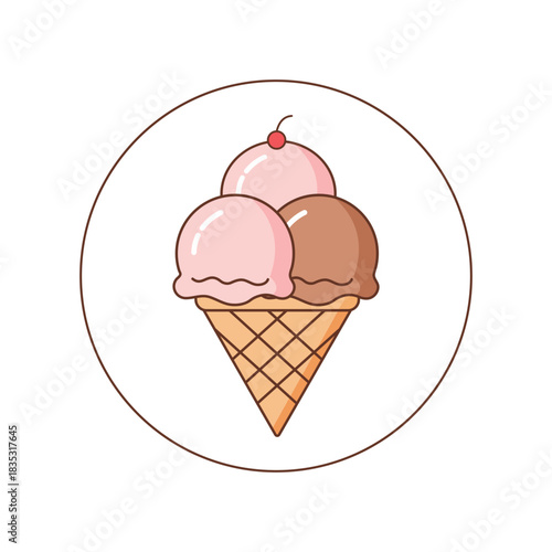 Three scoops of ice cream in a cone with cherry topping in circle isolated on transparent background