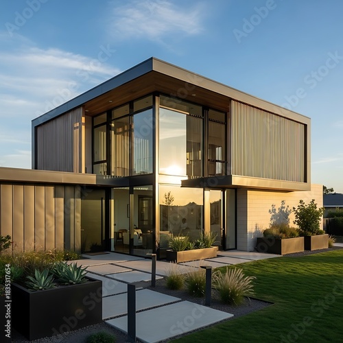Modern Luxury Home With Large Glass Windows and Natural Wood Exterior.
