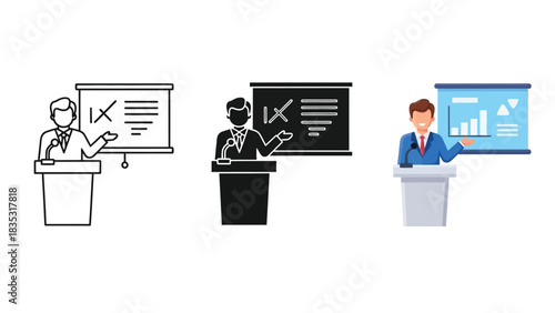 Set of three icons depicting a speaker or presenter standing at a podium pointing to a presentation screen with charts and text