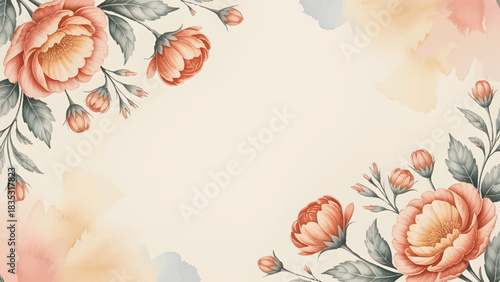 Muted watercolor floral background with peach peonies, Elegant salmon and grey botanical wedding invitation template, Vintage hand-painted flower border for greeting cards