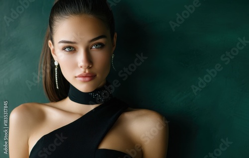 a beautiful woman in a black dress with a choker, in a daylit, minimalist setting with soft lighting and a green background.