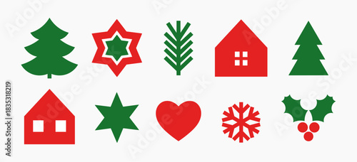 Christmas elements icons. Red and green holiday cute symbols. Christmas trees, houses, stars, holly berries and snowflake. Vector illustration.