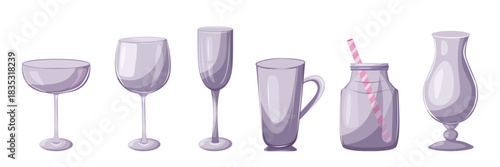Vector set of empty glassware: cocktail coupe, wine glass, champagne flute, latte mug, mason jar with straw, and hurricane glass. Cartoon clean minimalist illustration for drink menus and bar designs.
