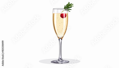 A festive champagne flute filled with a sparkling beverage, garnished with a sprig of rosemary and a red cranberry.