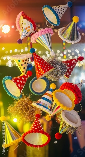 A vibrant collection of colorful polka dot party hats for a celebration.