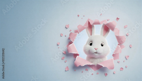 fluffy white rabbit looking out from a circular hole torn through light pink paper.