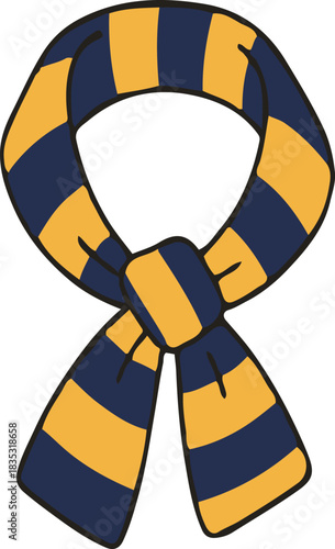 A vector illustration of a knotted winter scarf featuring broad alternating stripes of yellow and navy blue, designed in a simple cartoon style with bold outlines.
