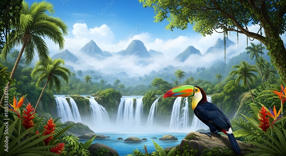Fototapeta premium Lush tropical jungle waterfall scene with toucan bird
