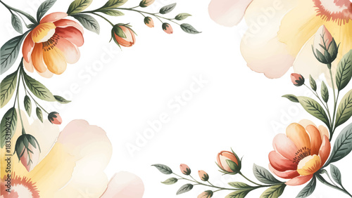 Vintage dusty rose floral frame on soft background, Classic wedding invitation template with coral peonies, Refined botanical border design with muted grey leaves, Antique aesthetic flower illustratio