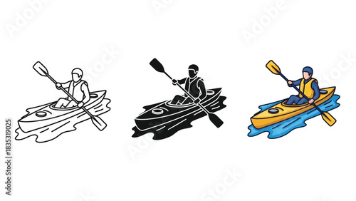 Set of three kayak icon styles showing a person paddling a canoe water, including outline, silhouette and color illustration