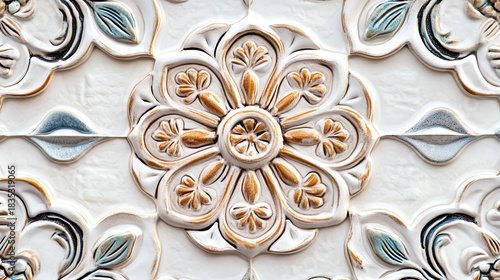 Intricate floral design on architectural surface.